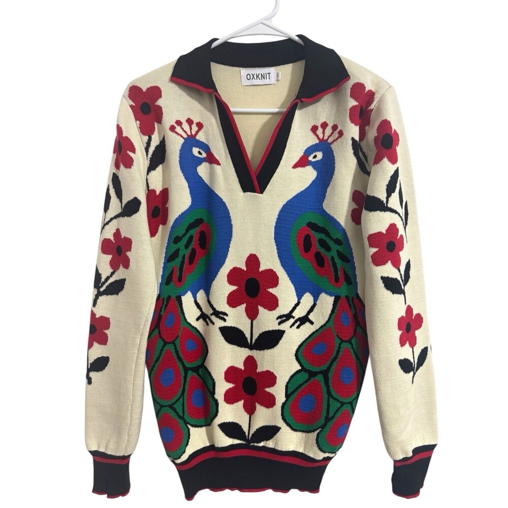 OXKNIT Women’s Small Peacock Folk Art Jacquard Cream Cotton Knit Sweater